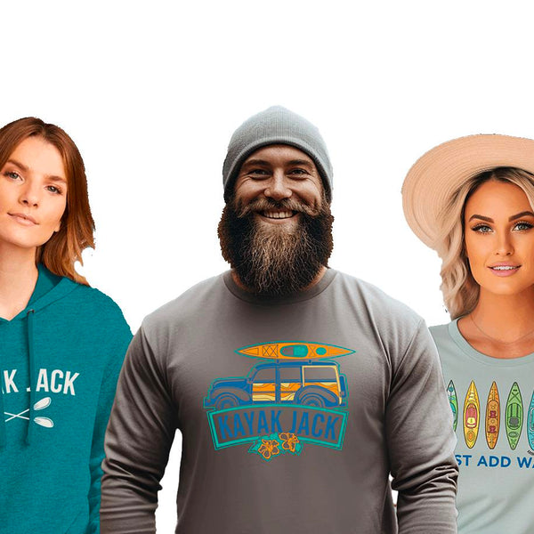 Kayak Shirts, UPF 50 sun shirts, T-shirts, jackets, sweatshirts for kayakers.